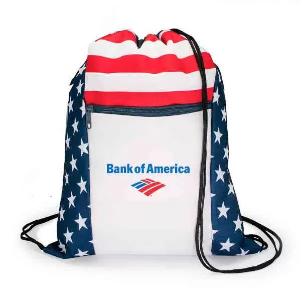 Drawstring backpack features a