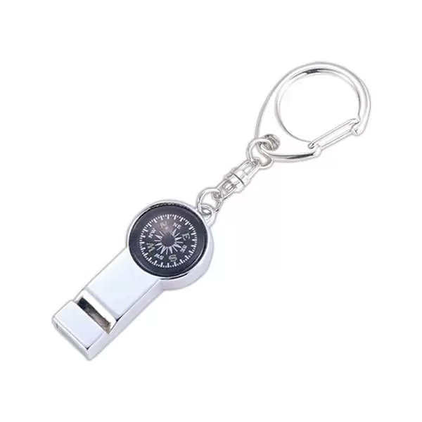 Compass keychain with whistle.